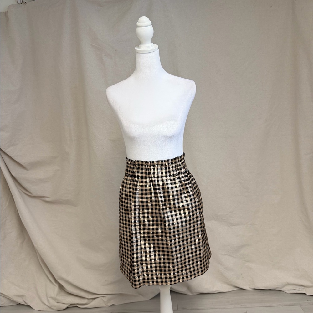 J. Crew Gold Metallic Gingham Pull On Mini Skirt Sz M Glam Preppy Holiday - Picture 4 of 7